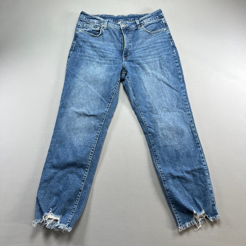 Time And Tru Jeans Womens 12 Blue Denim Cotton Stretch Medium Wash Frayed Hem
